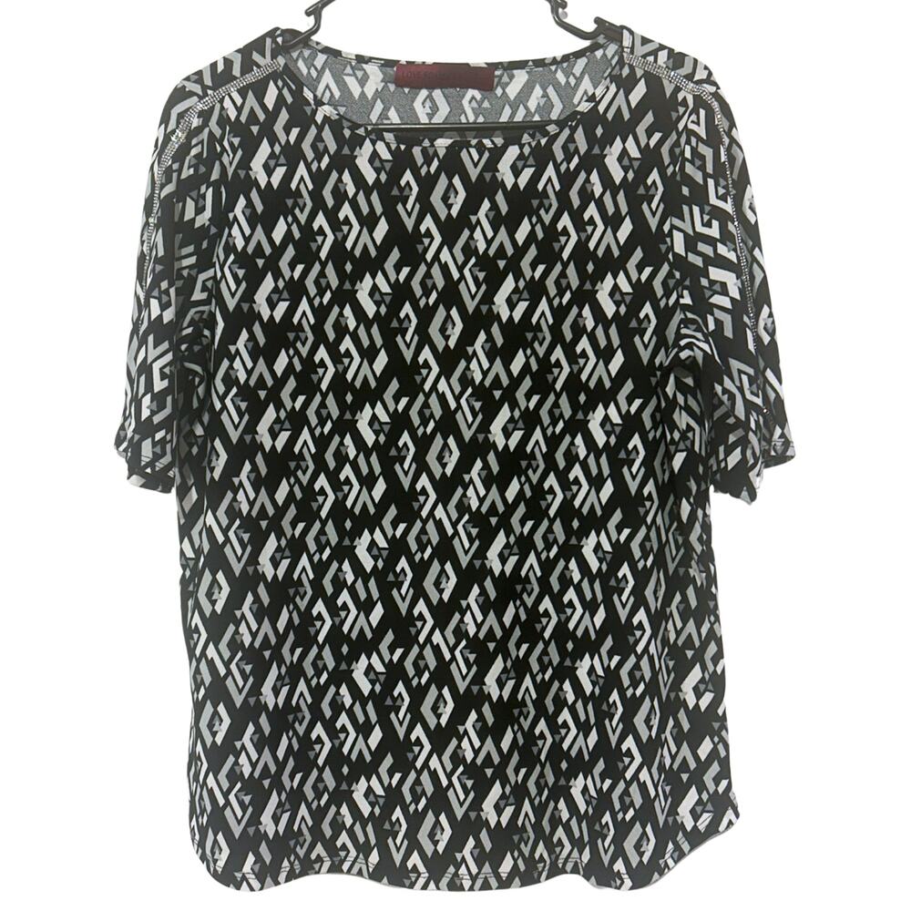 Love Scarlett Geometric Blouse M | Rhinestone Shoulder Office Chic Top